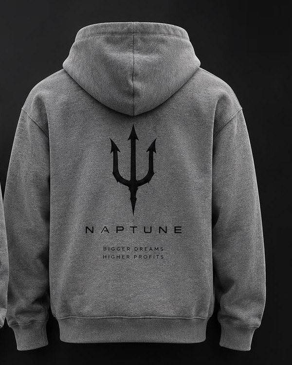 Back of the grey Naptune hoodie with a large black trident